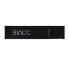 A black resistance band with the word BLACC in white letters on the left side and X-Heavy in smaller letters on the right side. The band appears to be made of stretchy material.