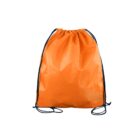 An orange drawstring backpack with black strings on a white background. The bag is slightly crumpled, with the drawstrings pulled to close the top opening.