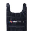 A black reusable tote bag with a colorful, geometric logo and the word INFINITE printed in white letters on the front.