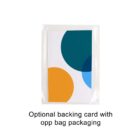 A clear plastic OPP bag contains a card with three overlapping circles in teal, blue, and orange on a white background. Text below reads: Optional backing card with opp bag packaging.