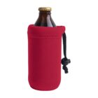 A dark glass bottle with a gold cap is snugly placed inside a red neoprene sleeve with a black drawstring on the side. The sleeve covers most of the bottle, leaving only the neck and cap visible.