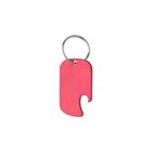 A red keychain with a rectangular shape and a notch on one side is attached to a silver metal keyring. The keychain has a smooth, glossy finish and is set against a white background.