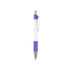 A ballpoint pen with a white barrel, purple grip, and clip. The pen tip and click button are silver against a white background.