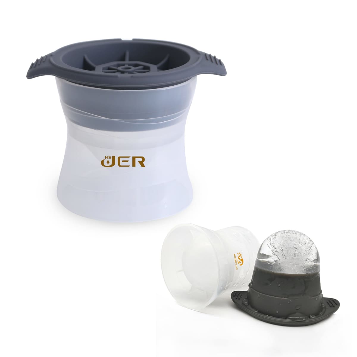 A collapsible silicone ice mold with a gray lid is shown alongside a resulting dome-shaped ice block. The mold has a logo saying UER and transforms upright to flat, with a clear view of the dome ice shape it creates.