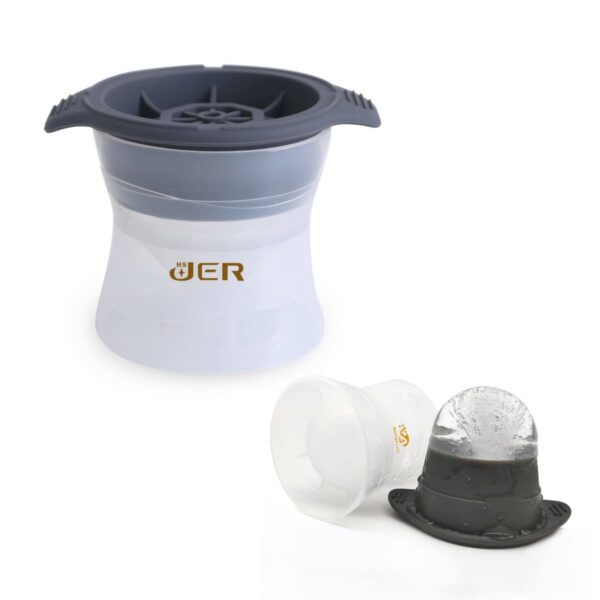 Silicone ice ball maker with a grey lid, featuring the brand logo UER. Next to it is an ice ball formed in a clear silicone mold.