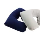 Two U-shaped neck pillows, one blue and one gray, on a white background.