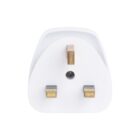 A white, three-pin electrical plug viewed from the front, showing two horizontal prongs and one vertical prong, commonly used in the United Kingdom.
