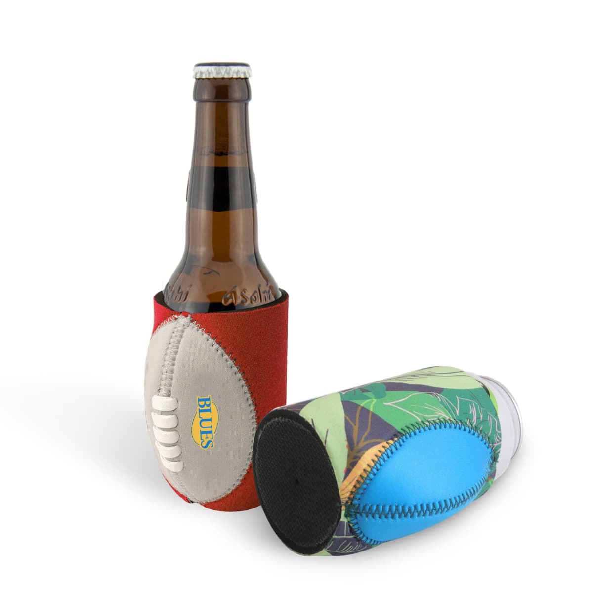 Two bottle koozies shaped like rugby balls. One, in red and gray, holds a brown bottle upright, displaying the word BLUES. The other, in green, blue, and pink, lies on its side, showcasing a leaf pattern.