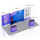 Exhibition booth setup with three vertical panels featuring Protect Your Data and Technology Innovation messages. Two counters display the same slogan. Theres an arm light for illumination. The design uses blue and purple tones.