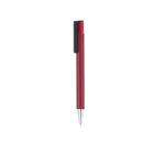 A sleek red ballpoint pen with a black clip on a white background. The pen has a shiny finish and a silver tip.