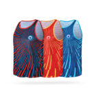 Three sleeveless shirts with abstract radial patterns in red, orange, and blue, each featuring a circular logo in the center. The shirts are displayed against a white background.