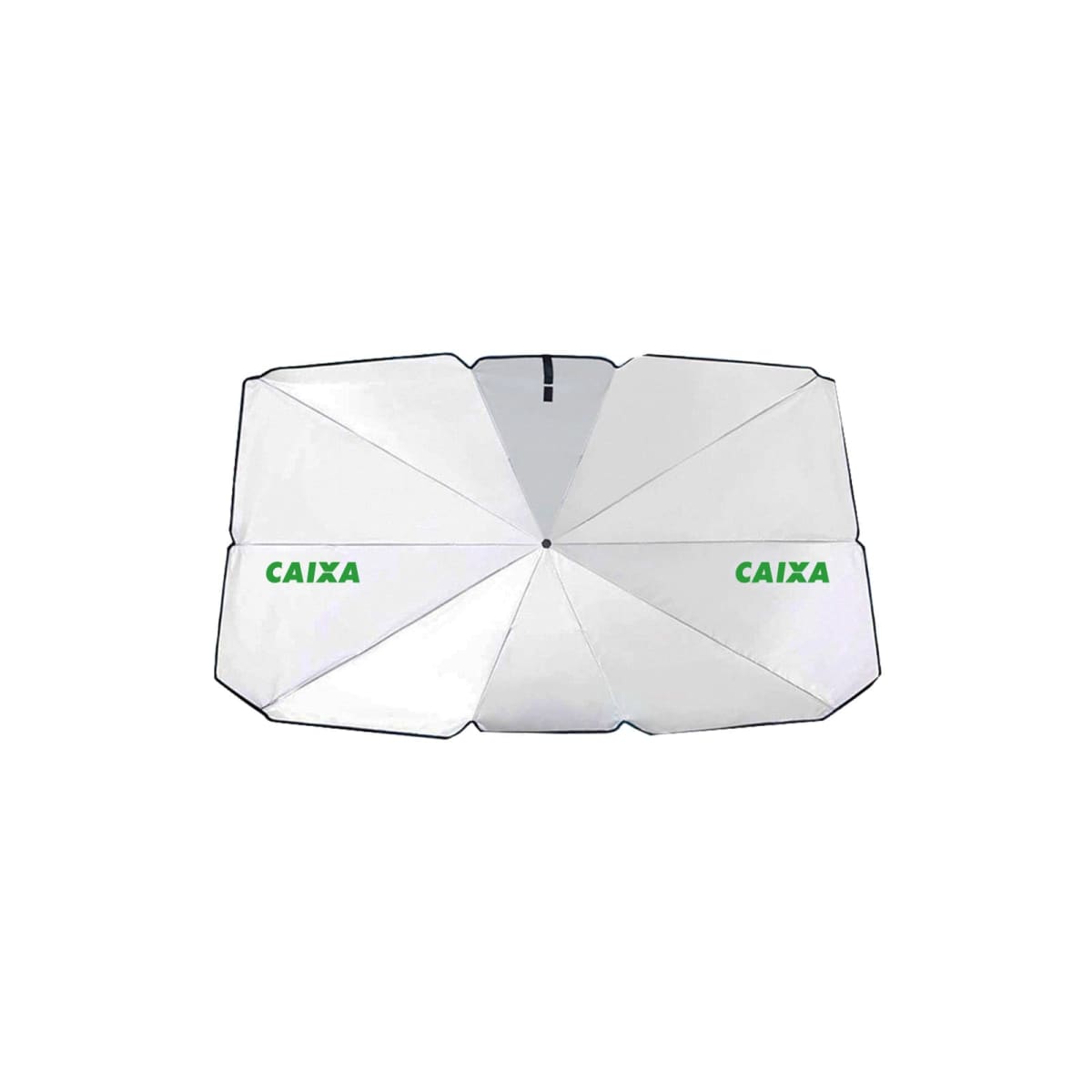 Rectangular silver sunshade with black edges and green CAIXA text features a distinct folded pattern and a loop at the top. Designed for car windshields, it reflects sunlight and reduces heat inside the vehicle.