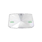 A silver car sunshade with a green logo featuring the word CAIXA is fully extended on a white background. The sunshade has a geometric design with multiple segments converging at the center.