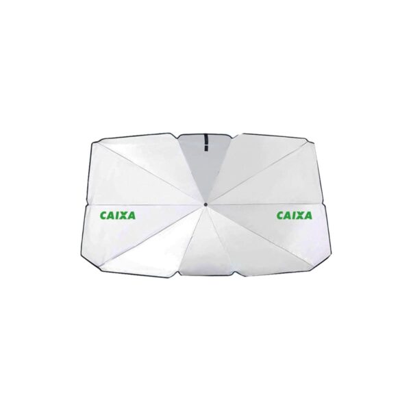 A silver car sunshade with a green logo featuring the word CAIXA is fully extended on a white background. The sunshade has a geometric design with multiple segments converging at the center.