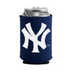 A silver can wrapped in a dark blue koozie featuring a white interlocking NY logo, likely representing a sports team. The can is positioned on a plain white background.