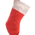 A red Christmas stocking with a white cuff is angled slightly on a white background. A loop is attached to the top for hanging.