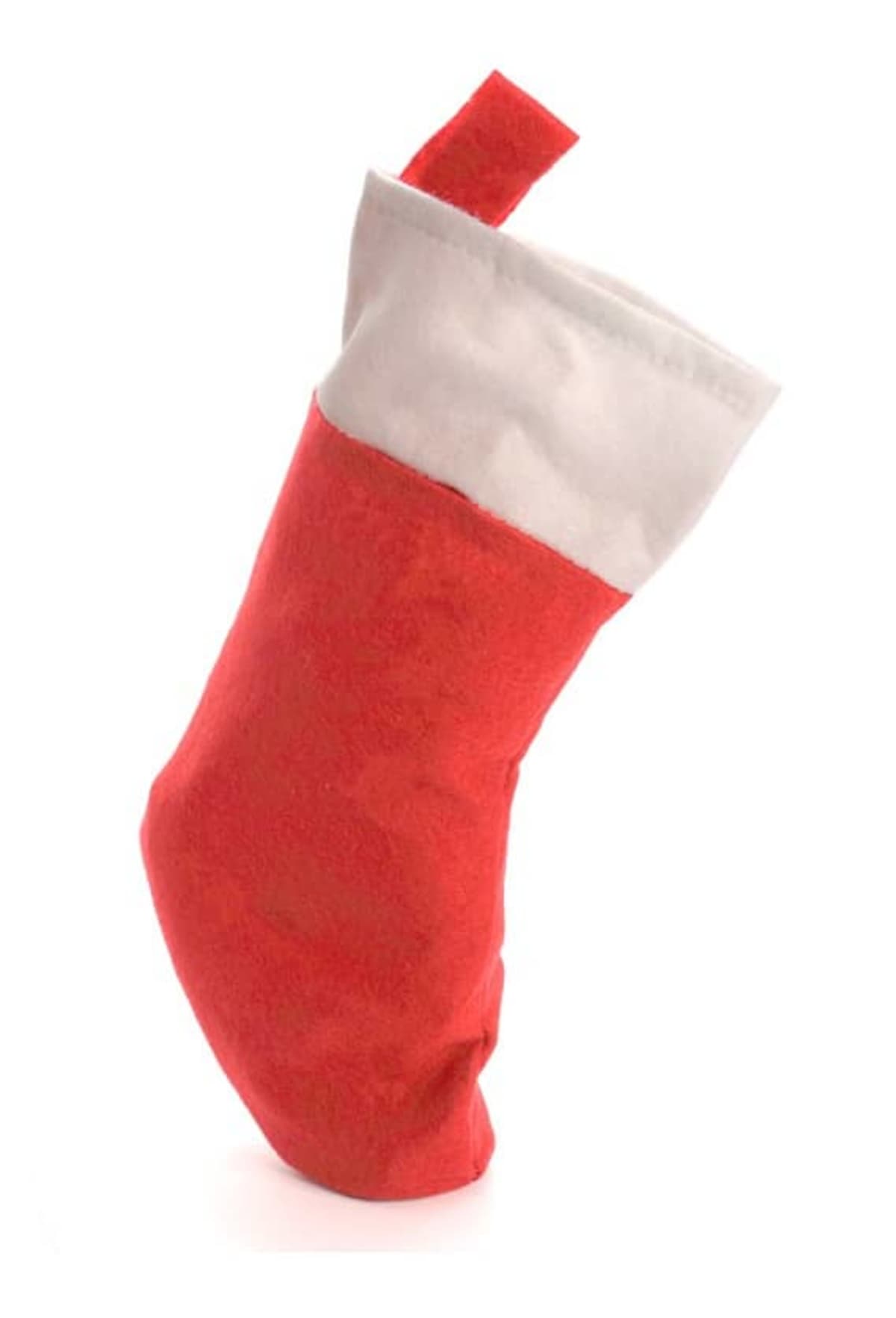 A red Christmas stocking with a white cuff is angled slightly on a white background. A loop is attached to the top for hanging.