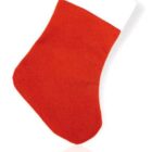 A red Christmas stocking with a white cuff and a hanging loop at the top, displayed against a plain white background.