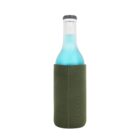A blue beverage bottle with a black cap is snugly wrapped in a dark green neoprene sleeve, isolated on a white background.
