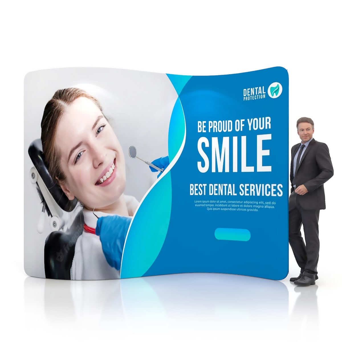 A man in a suit stands beside a large display featuring an image of a smiling woman at the dentist. The display reads, Be Proud of Your Smile - Best Dental Services with additional text below. The backdrop is blue and white with a dental logo.