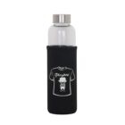 A clear water bottle with a metallic screw cap, wrapped in a black sleeve. The sleeve features a cartoon mouse wearing glasses and a T-shirt labeled Playboy.