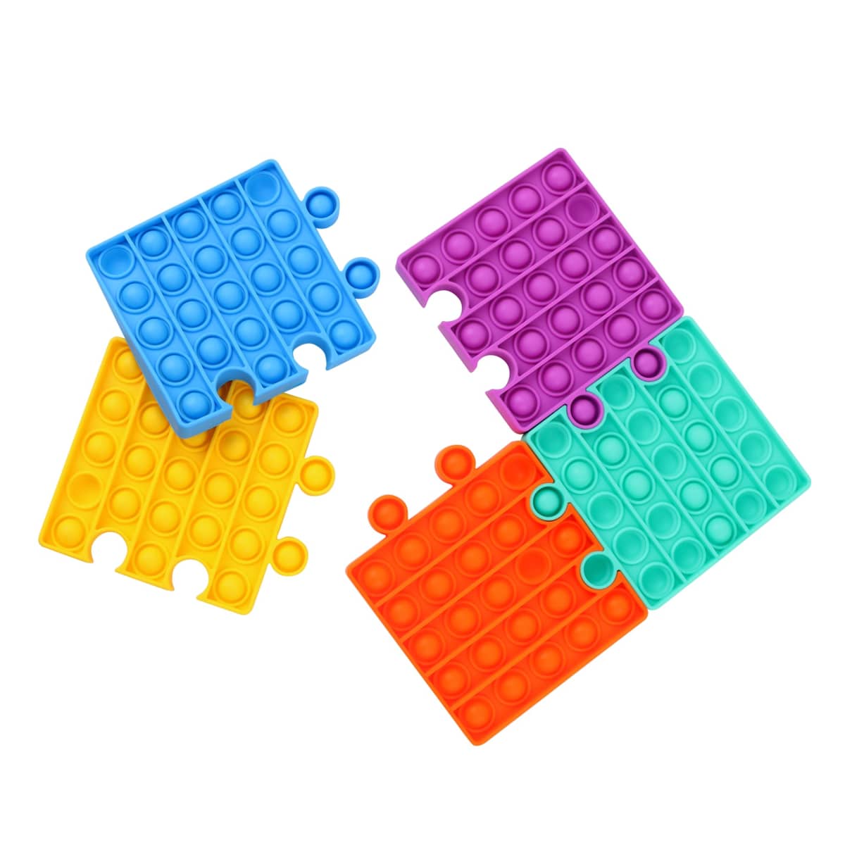Five colorful, interlocking puzzle pieces with pop-it bubble features. The pieces are blue, purple, green, orange, and yellow, arranged in a star-like pattern on a white background.