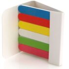 An open white matchbook holds six colorful paper matchsticks in blue, red, yellow, green, pink, and light blue, arranged vertically.