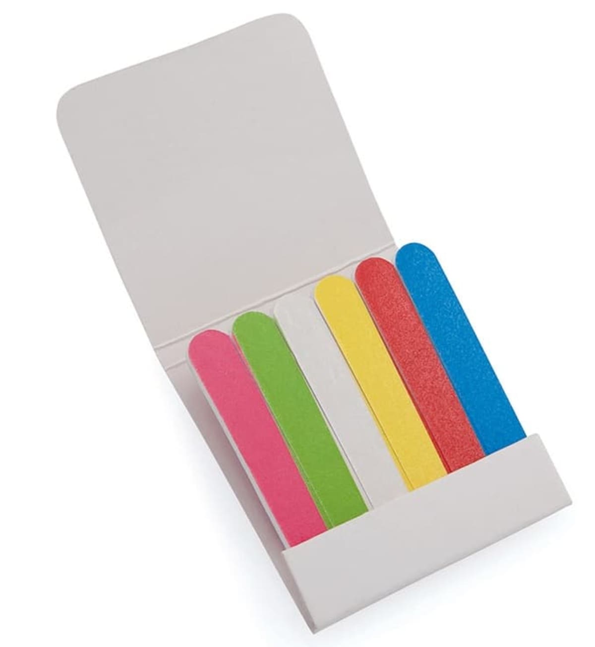 An open matchbook-style pack containing six colored nail files: pink, green, white, yellow, red, and blue. The pack is white and positioned on a plain white background.
