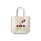 A cream-colored tote bag featuring a whimsical illustration of a person watering three stylized flowers with pink and red circular blooms atop green stems. The background is plain white.