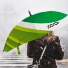 Person with long hair holding a green and white umbrella with zero written on it, walking in the rain on a foggy street. Theyre wearing a dark coat and carrying a bag.