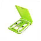 A green, rectangular travel case containing various electronic adapters and connectors. The case is open, showing its contents neatly organized inside against a white background.