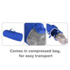 Three images showing a blue sleeping bag. The first image displays the bag rolled and packed. The second shows the bag partially unzipped. The third image highlights the opening and drawstring. Text below reads: Comes in compressed bag, for easy transport.