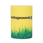 Yellow cylindrical container with Heritageseeds written in black and a small logo next to it. The bottom features green grass graphics.