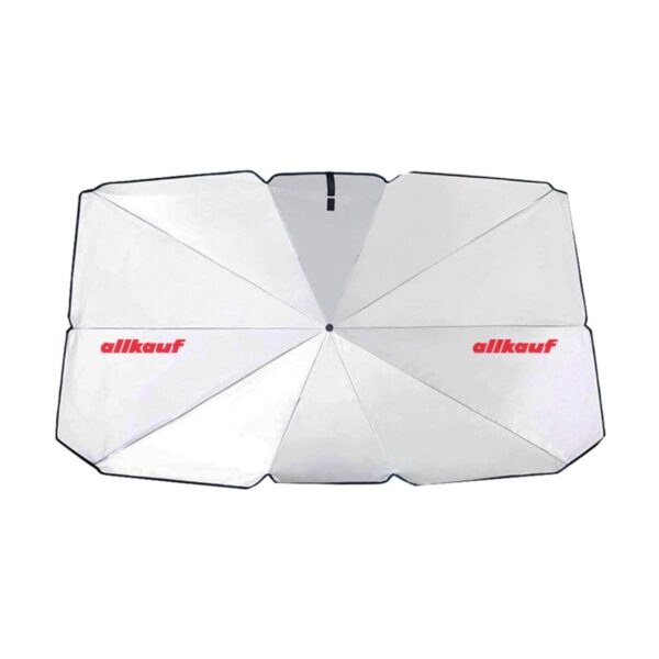Square-shaped white umbrella with eight panels is opened and viewed from above. The word allkauf is printed in red on two opposite panels. The umbrella has a black edging along the perimeter.