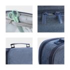 Collage of four images showing details of a blue fabric bag: a mint green pair of scissors in a mesh pocket, dual zippers, a sturdy handle, and the side profile with zippered compartments.