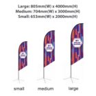 Three vertical, angled banners in small, medium, and large sizes. Each has a colorful geometric pattern and a central label reading 8FT Angled Banner. Dimensions are listed above each banner size.