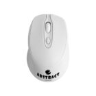 White wireless computer mouse with abstract text and logo on a plain background.