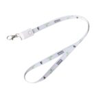 White lanyard with a metal clip and adjustable buckle, featuring a pattern of green logos and text that says DIGITAL and PATTERN along the strap.