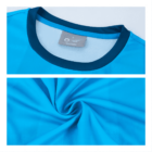 A collage featuring a blue athletic shirt. The top section shows the shirts collar and size tag, labeled L. The lower section displays a close-up of the fabric texture, with a twisting design in the middle.