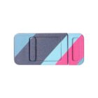 Colorful plastic webcam cover with a diagonal design in blue, pink, and gray. The cover has a sliding mechanism and rectangular shape, designed for privacy protection over a webcam lens.