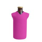 A brown bottle with a gold cap is wrapped in a vibrant pink bottle sleeve, resembling a tiny T-shirt. The sleeve covers the main body of the bottle and has a V-shaped neckline.