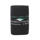 Black can cooler featuring the logo and contact information for Rivercity Flooring, including their website and phone number. The text Commercial Flooring Solutions is also displayed above the logo.