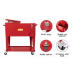 Red cooler cart on wheels with a stainless steel drain plug, built-in bottle opener, and cap catcher. Features two locking casters. The cooler has a lift-up lid and the brand logo on the front. Circular inserts highlight key features.