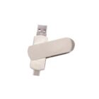 A silver USB flash drive with a swivel cover is shown on a white background. The drive features both USB-A and USB-C connectors, positioned to highlight its dual functionality.