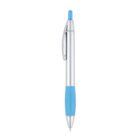 A silver retractable ballpoint pen with a blue clip, grip, and tip. The pen is vertically aligned against a white background.