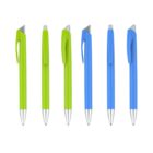 Six pens are arranged in two rows of three. The first row features bright green pens, and the second features blue pens. Each pen has a silver tip and clip, with the clip positioned on the side.