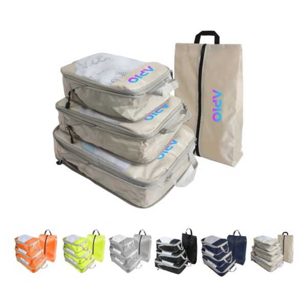 A set of travel packing cubes in various colors, stacked beside a beige travel bag. The cubes are shown in different colors: orange, green, grey, black, and blue, displayed in a row at the bottom of the image.