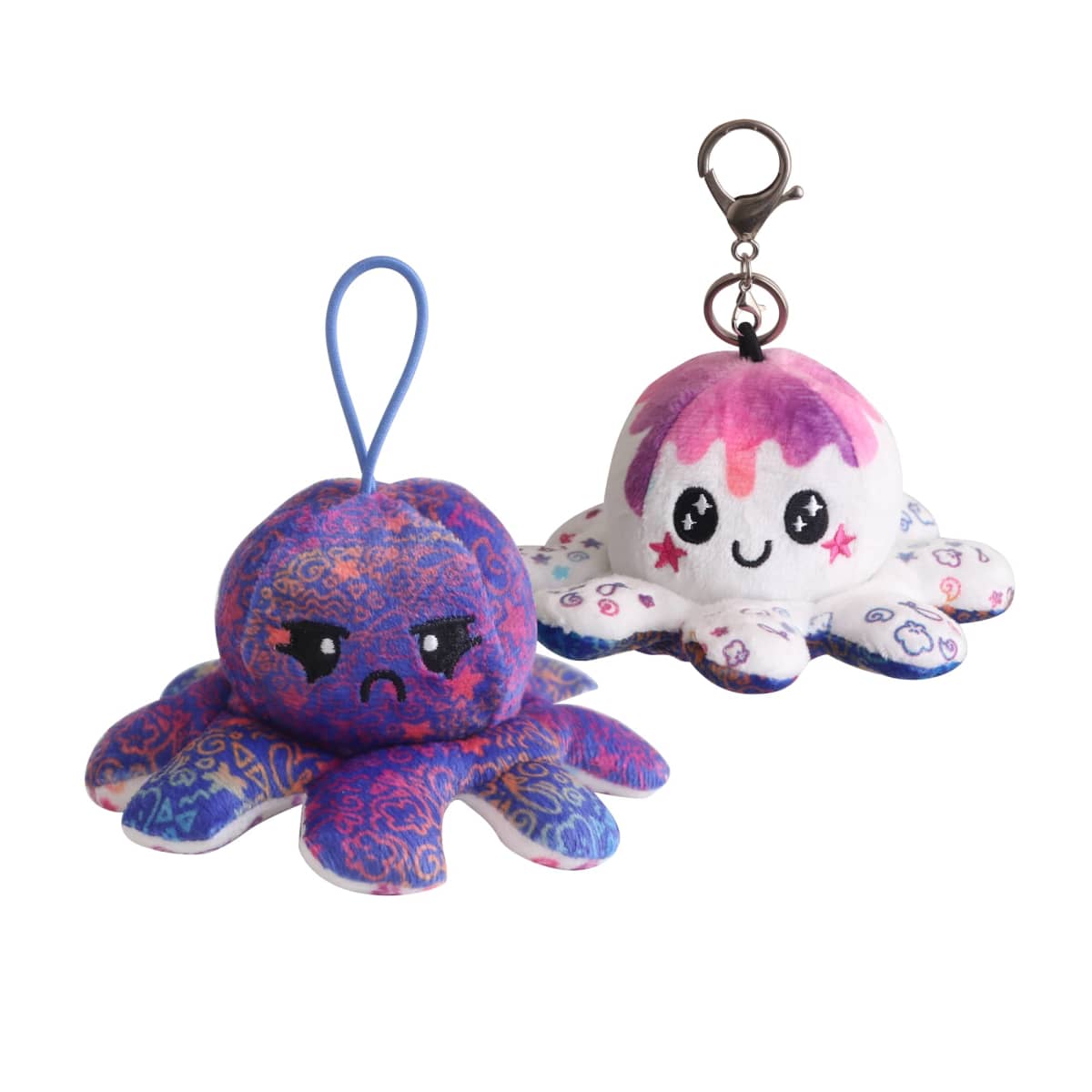 Two plush octopus toys are shown. One is blue with an angry expression, and the other is white with a pink top and a happy face, attached to a keychain. Both toys have colorful patterns on their tentacles.