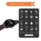 A smartwatch with a black and red band is displayed next to a list of features including health monitoring, notifications, and waterproof capabilities. An orange arrow points to a section labeled Functional and Practical.