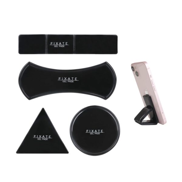 Various black silicone gel pads in different shapes (triangle, circle, rectangle, and curved) are displayed. A smartphone is attached to one pad, demonstrating their use for holding devices.